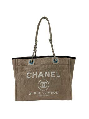 Chanel Bag Tote Deauville Chain Canvas Beige Silver